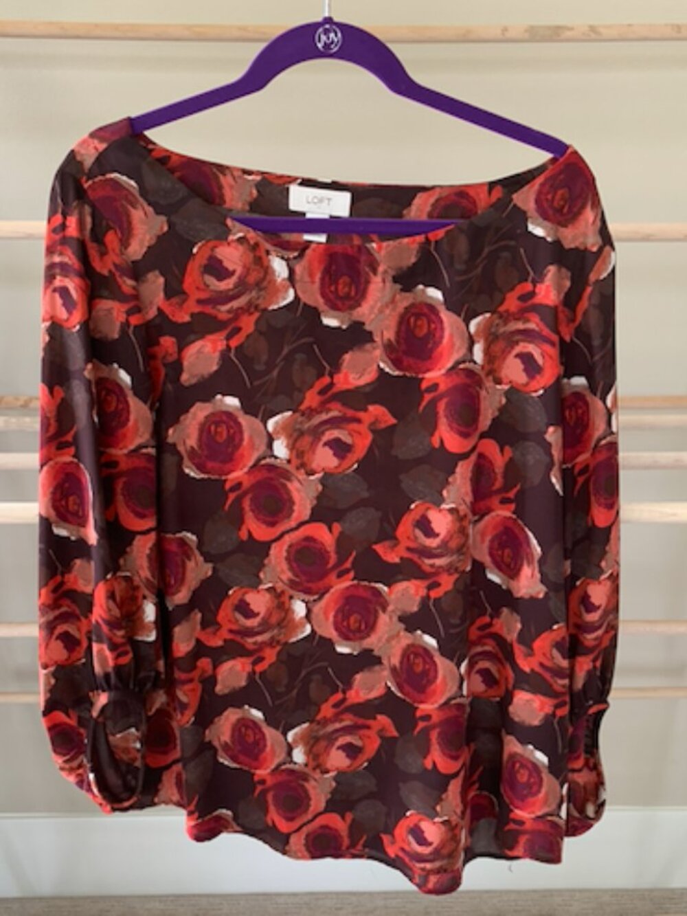 Ann Taylor LOFT Red and Brown Abstract Rose Print Blouse